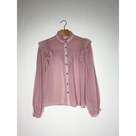 ZARA Sheer Pink and Red Polka Dot Ruffle Button Up Blouse US SMALL - Picture 8 of 10